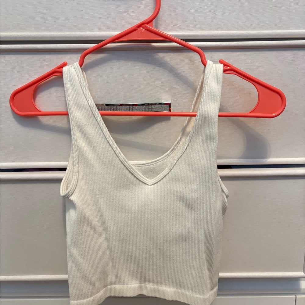 White Ribbed V-Neck Women's Top